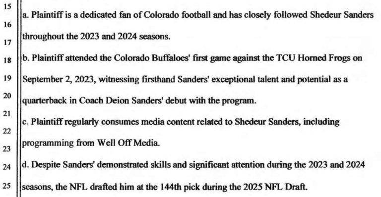 Shedeur Sanders Fan Sues NFL for Emotional Distress Over Sanders’ Late Draft Pick
