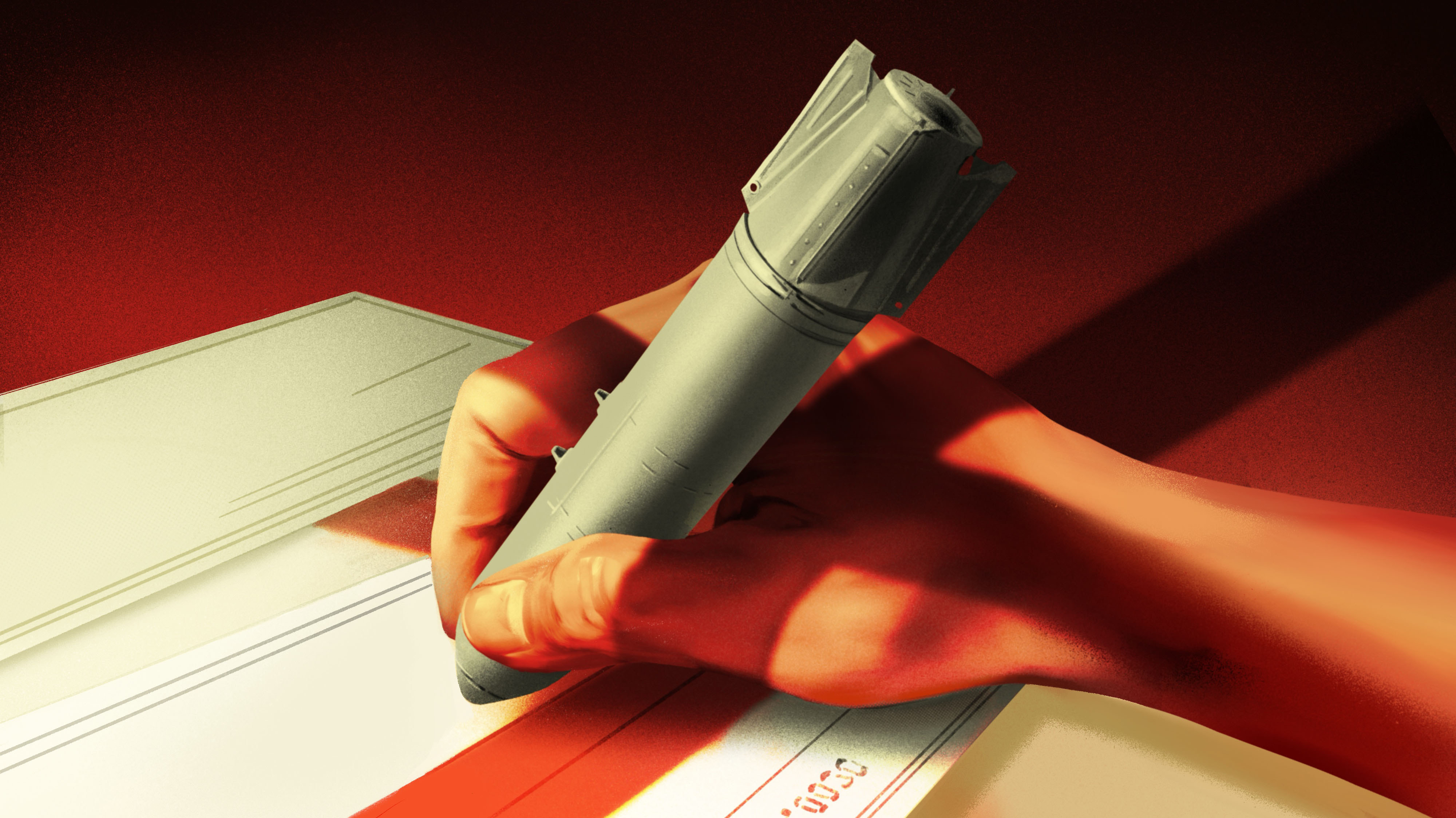 Illustration of a hand signing a large blank check; the pen in hand is a missile.