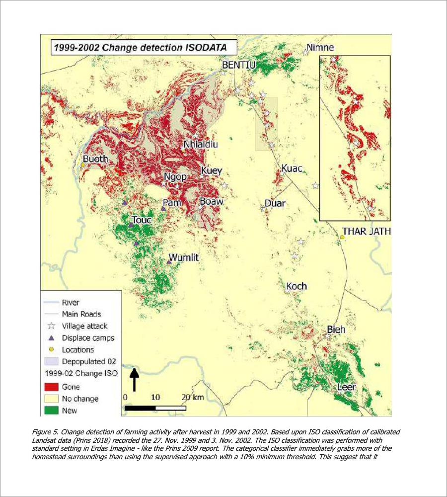 Map presented at the Lundin trial by expert Erik Prins, which he claims shows fighting in Nhialdo and a large number of refugees in Leer, not far from the oil exploitation zone in a region that is now part of South Sudan.