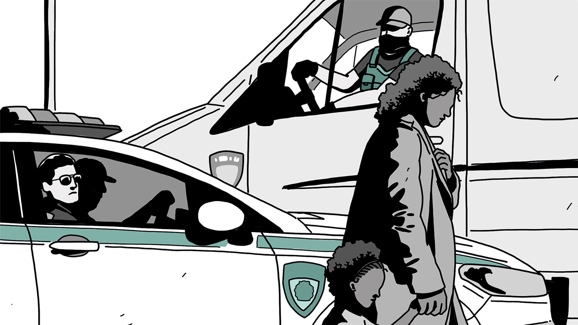Illustration of a woman holding a child’s hand while walking past police vehicles, with officers watching from a car and a van.