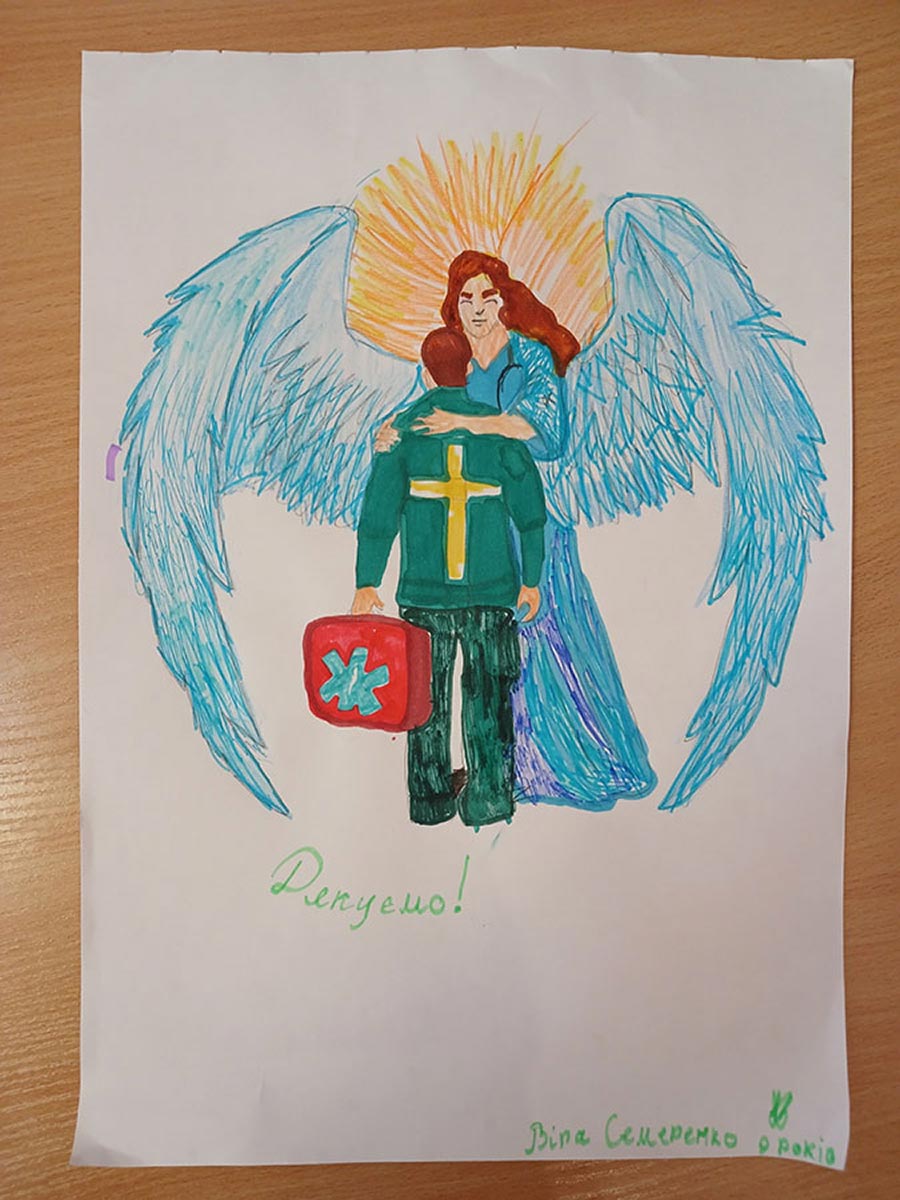 Ukraine: child's drawing depicting a rescue worker, killed during a Russian attack, being embraced by an angel.