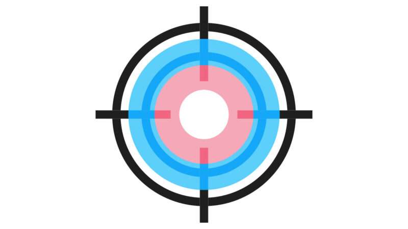 Gun sight crosshairs with pink and blue shading in the style of the transgender pride flag | Illustration: Joanna Andreasson; Source images: iStock