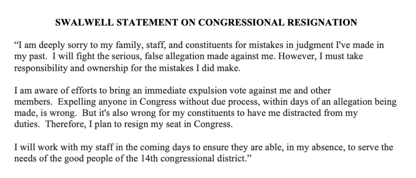 Eric Swalwell Shows His Lack Of Character In Resignation Statement