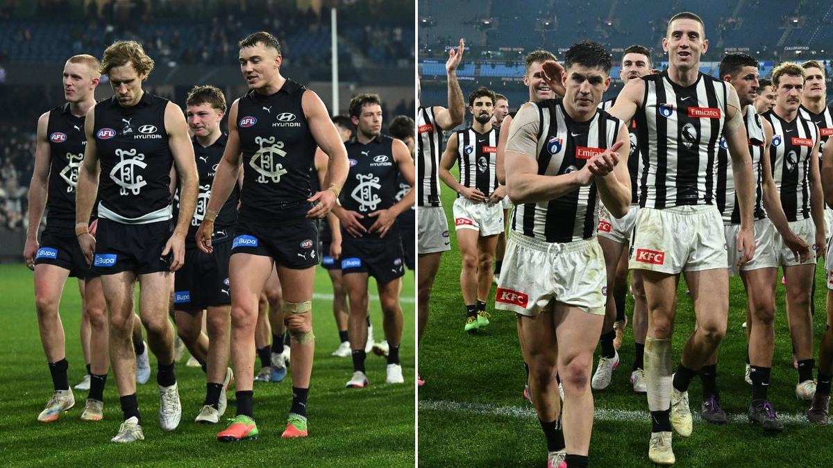 Blues ‘crumble’ to defeat against Collingwood as Pies great rubbishes ‘worst rivalry in the league’